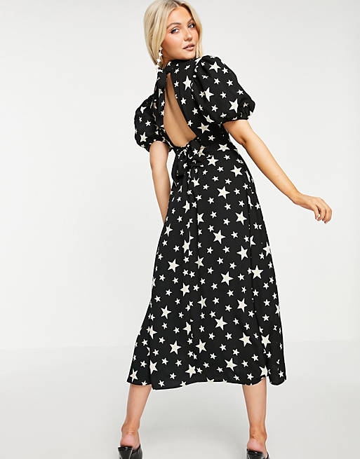  John Zack exclusive puff sleeve midi dress with open back detail in black star print 