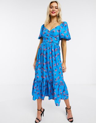 blue floral wrap midi dress