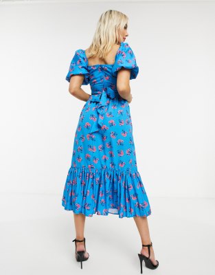 blue floral wrap midi dress