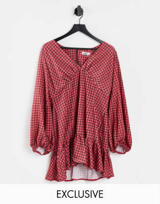 John Zack John Zack exclusive volume sleeve mini ruffle dress in taupe check print-Multi