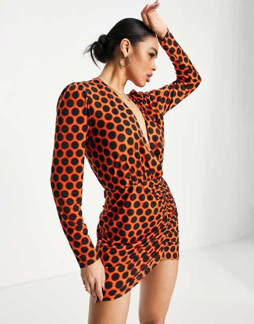 John Zack – Gepunktetes Minikleid in Orange und Schwarz mit tiefem Ausschnitt, 4 von 4