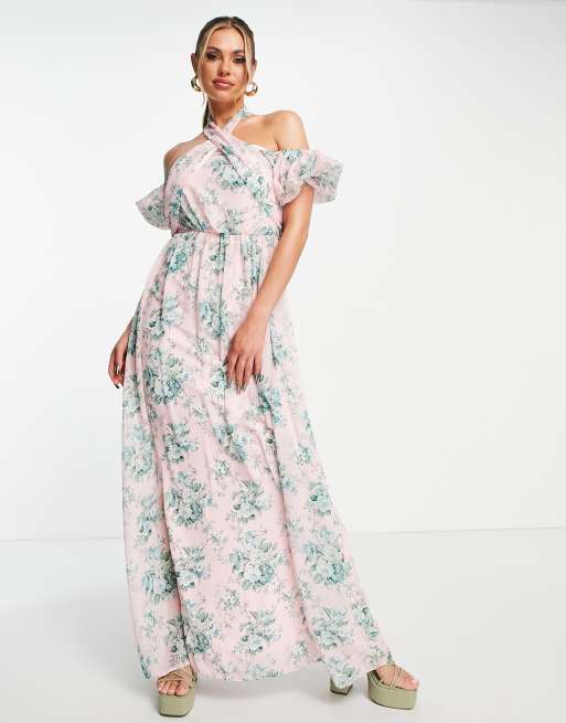 John Zack halter neck puff sleeve maxi dress in pink ASOS