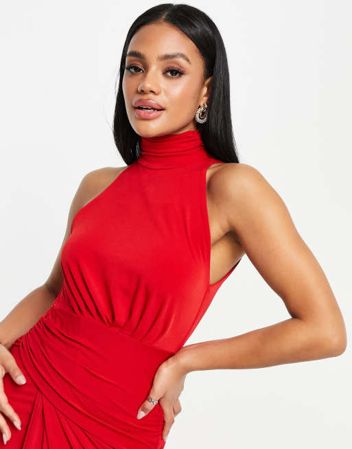 john zack red dress Sequin Deep V Ruffle Skater Dress