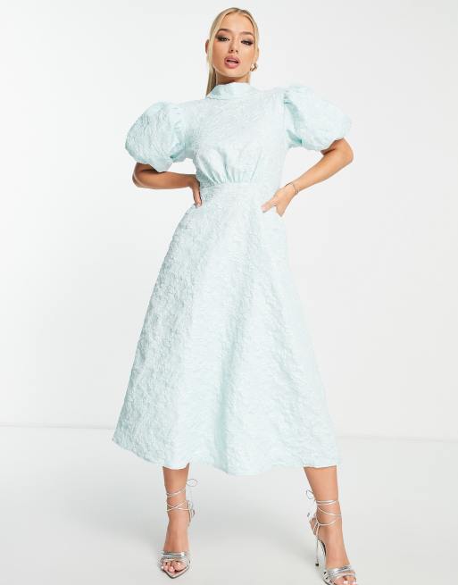 John Zack - Jurk met pofmouwen en open achterkant in babyblauw
