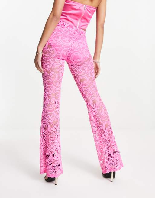 ASOS DESIGN open knit beach flare pants in pink (part of a set)