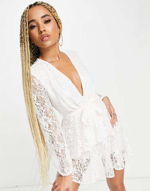 Liz Lace Long Sleeve Mini Dress in White | Size Large | 100% Cotton | American Threads