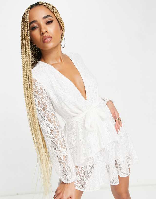 John Zack lace long sleeve mini dress in white