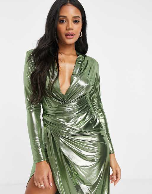 John Zack Long Sleeve Wrap Maxi Dress In High Shine Gold Asos 