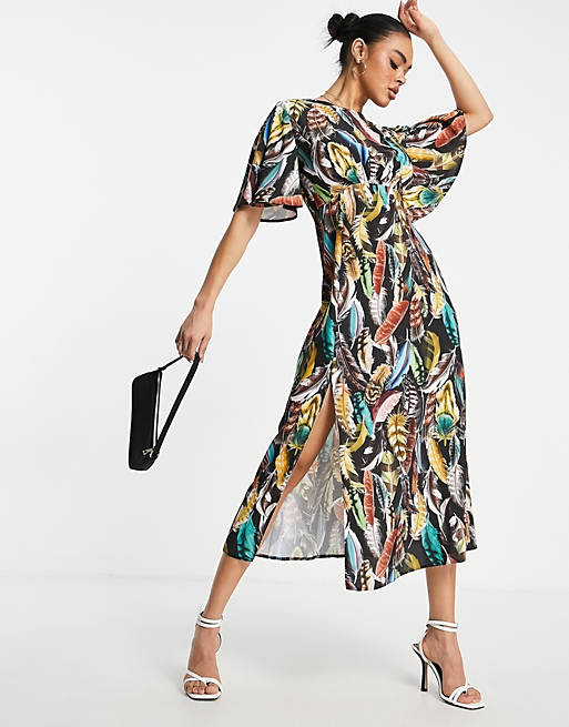 John Zack midi dress with flutter sleeve in feather print 