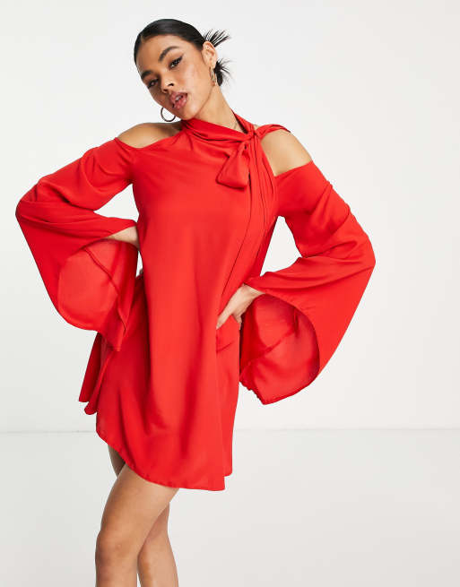 John Zack mini swing dress with tie detail in red ASOS