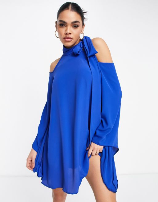John Zack - Mini-swingjurk met strikdetail in kobalt 