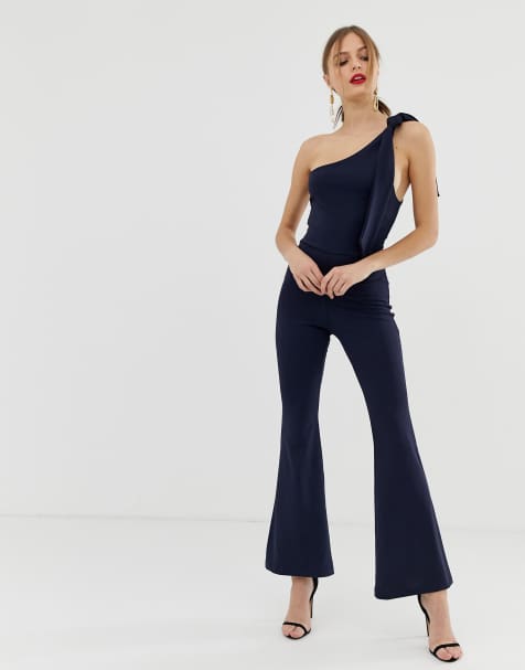 John Zack one shoulder fitted jumpsuit with D ring belt detail in navy
