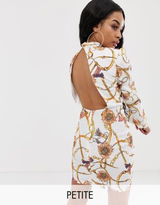 John Zack - Petite - 80s hoogsluitende mini-jurk met open achterkant en sjaalprint-Multi Multi