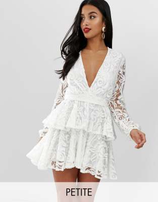 John Zack Petite allover lace plunge front skater dress in white