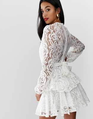 john zack petite allover lace plunge front skater dress in white