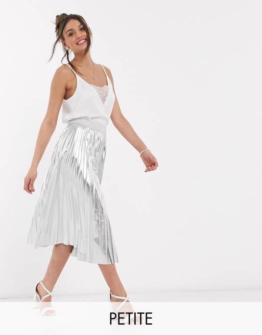 Silver Metallic Pleated High Waisted Midi Skirt