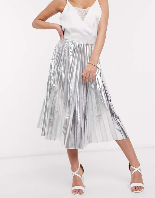 Petite metallic pleated outlet midi skirt