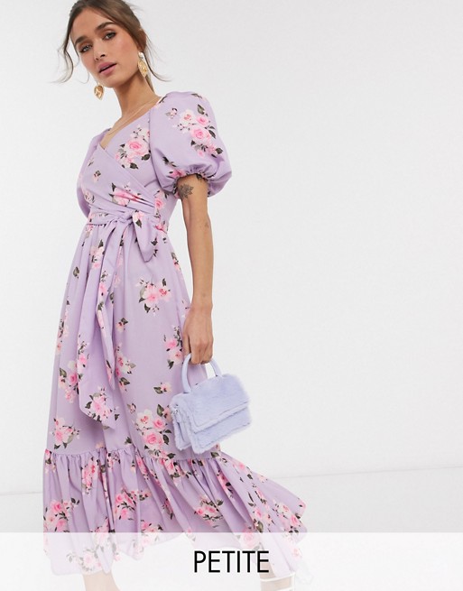 John Zack Petite exclusive puff sleeve wrap midi dress with ruffle hem in lilac floral