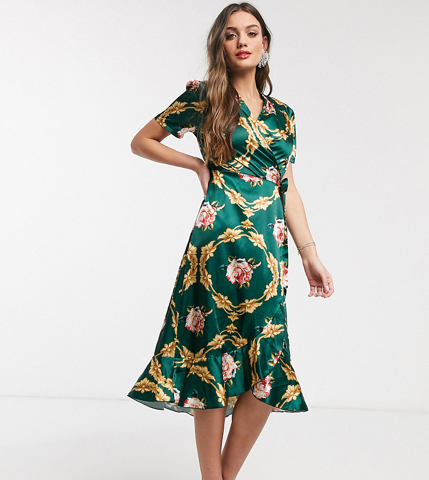 John Zack Petite - Midi-jurk met overslag en rozenprint in groen-Multi