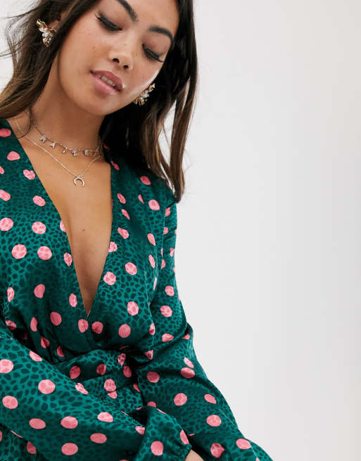 John Zack Petite plunge front skater dress in contrast polka print
