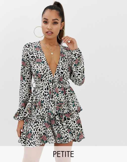 John Zack Petite plunge front skater dress in floral leopard ASOS