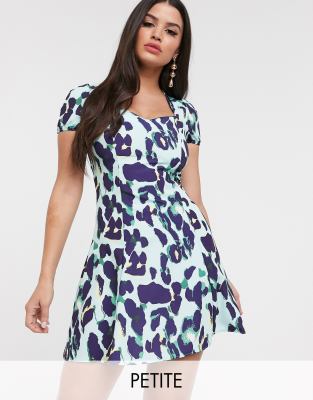 John Zack Petite sweetheart mini skater dress in multi blue animal print