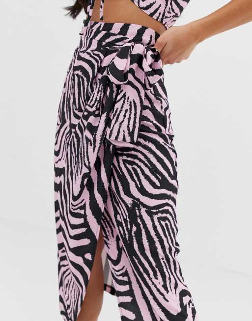 John Zack Petite wrap midi skirt with tie in pink zebra print ASOS