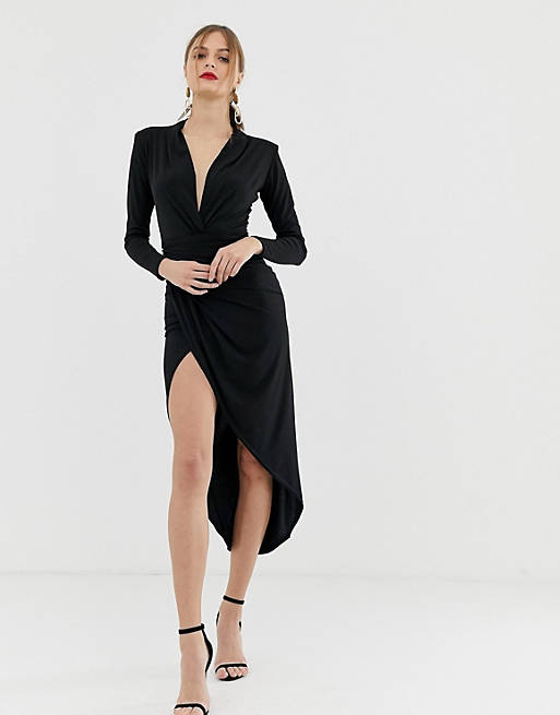 John Zack plunge front ruched maxi dress in black