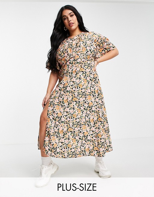 John Zack Plus exclusive fluted sleeve midi dress in multi floral