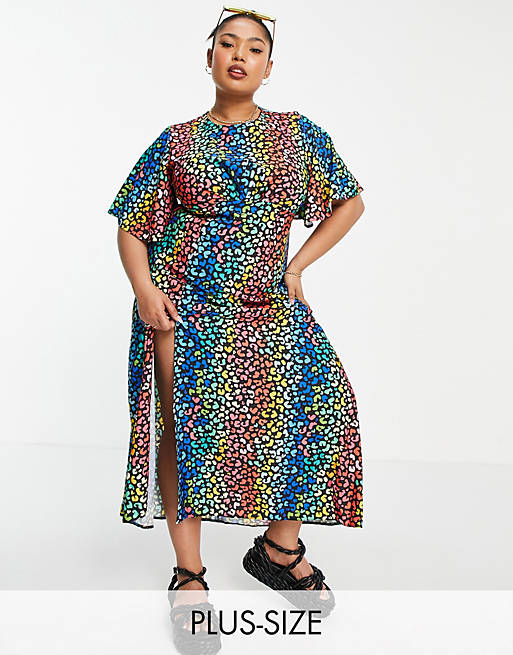 John Zack Plus exclusive flutter sleeve midi dress in multi leopard print