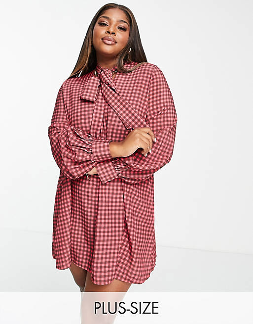 John Zack Plus exclusive oversized shirt dress with tie neck in taupe check print