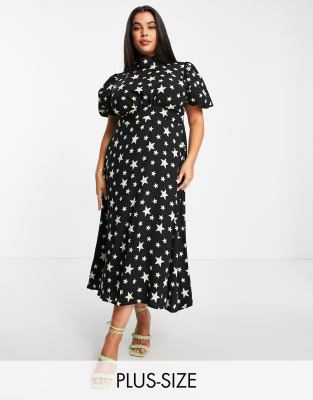 John Zack Plus exclusive puff sleeve midi dress with open back detail in black star print - ASOS Price Checker