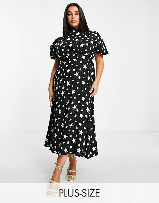 John Zack Plus exclusive puff sleeve midi dress with open back detail in black star print
