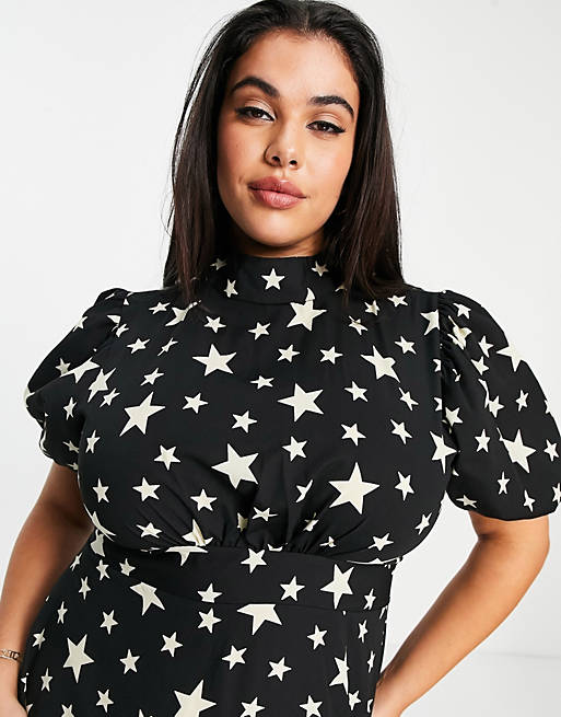Women John Zack Plus exclusive puff sleeve midi dress with open back detail in black star print 