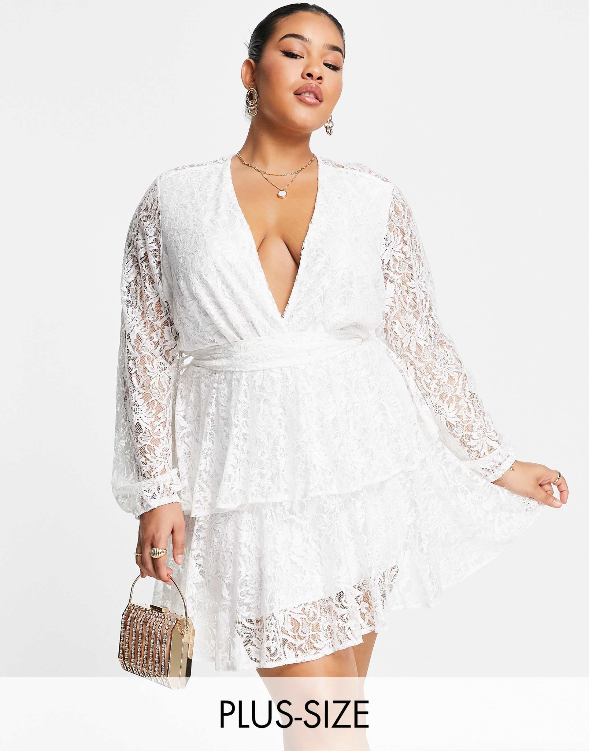 john zack plus lace long sleeve mini dress in white