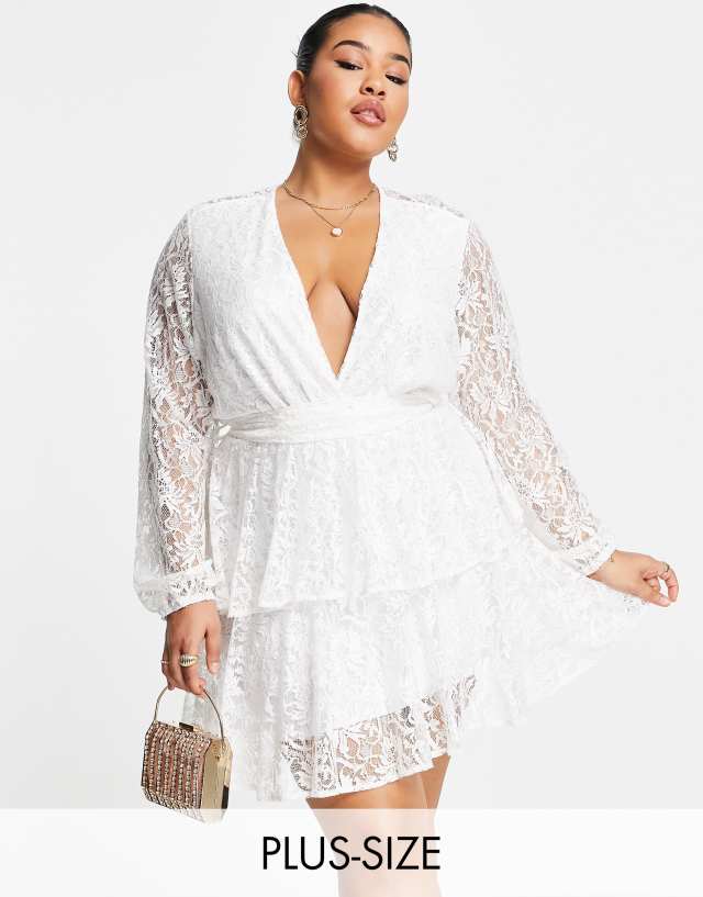 John Zack Plus lace long sleeve mini dress in white