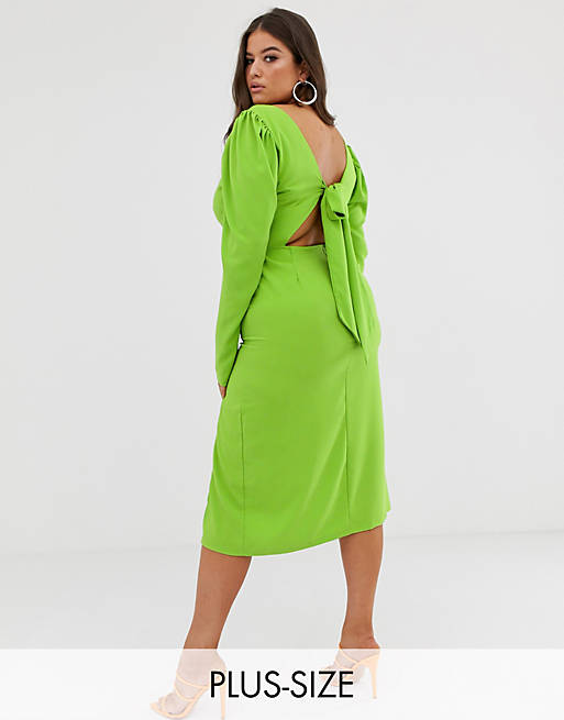 John Zack Plus long sleeve midi dress with open back in neon green | ASOS