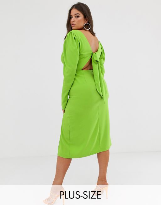 John Zack Plus long sleeve midi dress with open back in neon green
