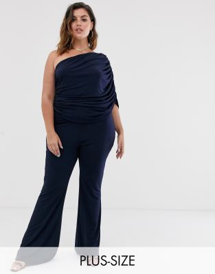 one shoulder navy jumpsuit