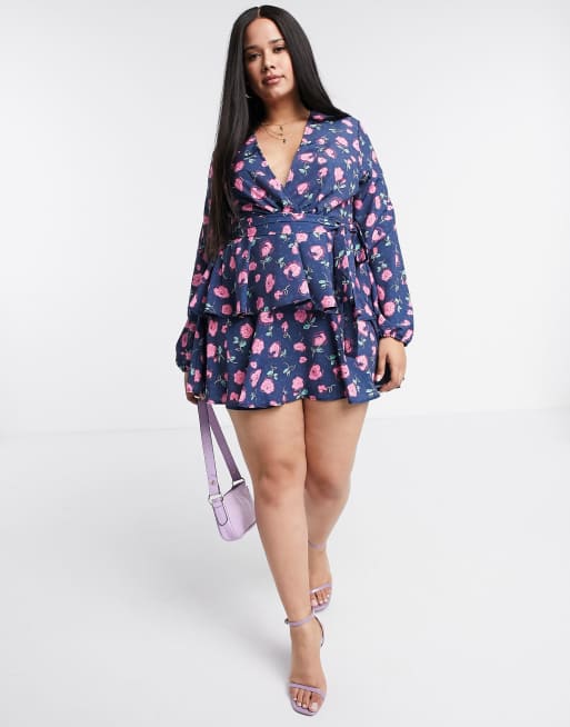 John Zack Plus plunge front skater dress in blue floral print ASOS