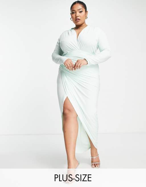 John Zack Plus wrap ruched dress in pale green