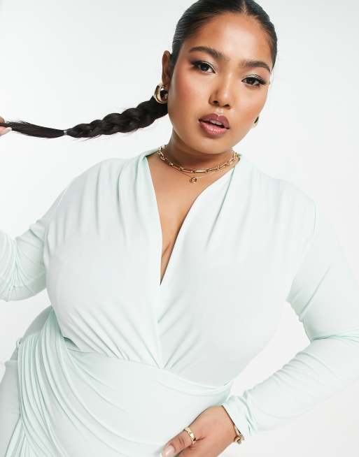 John Zack Plus wrap ruched dress in pale green, 2 of 4