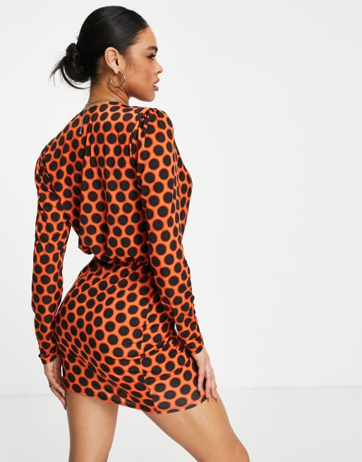 John Zack - Robe courte à pois et décolleté plongeant - Orange et noir, 2 de 4