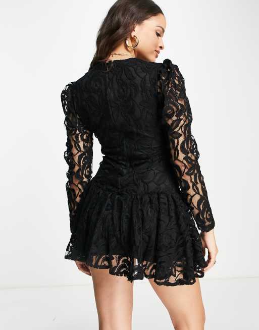 John Zack - Robe courte en dentelle à ourlet asymétrique - Noir, 4 de 4