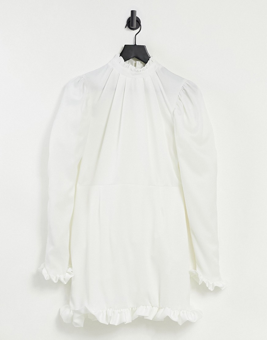 John Zack Ruffle Neck And Cuff Detail Mini Shift Dress In Ecru-white