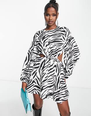 John Zack satin mini dress with cut out sides in zebra print-Multi