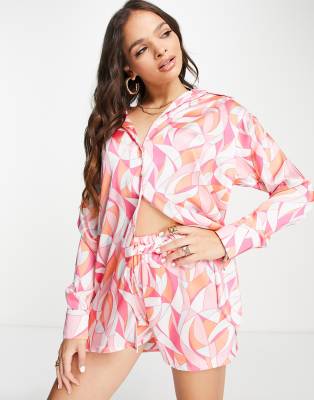 John Zack John Zack satin shirt in bright pink print co-ord-Multi