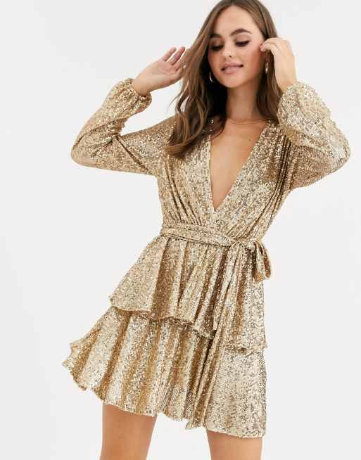 John Zack sequin plunge front skater dress in contrast in gold | ASOS