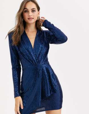 blue sequin wrap dress