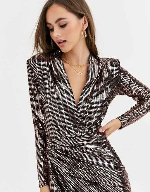 Black Sequin Deep V Wrap Over Dress, John Zack